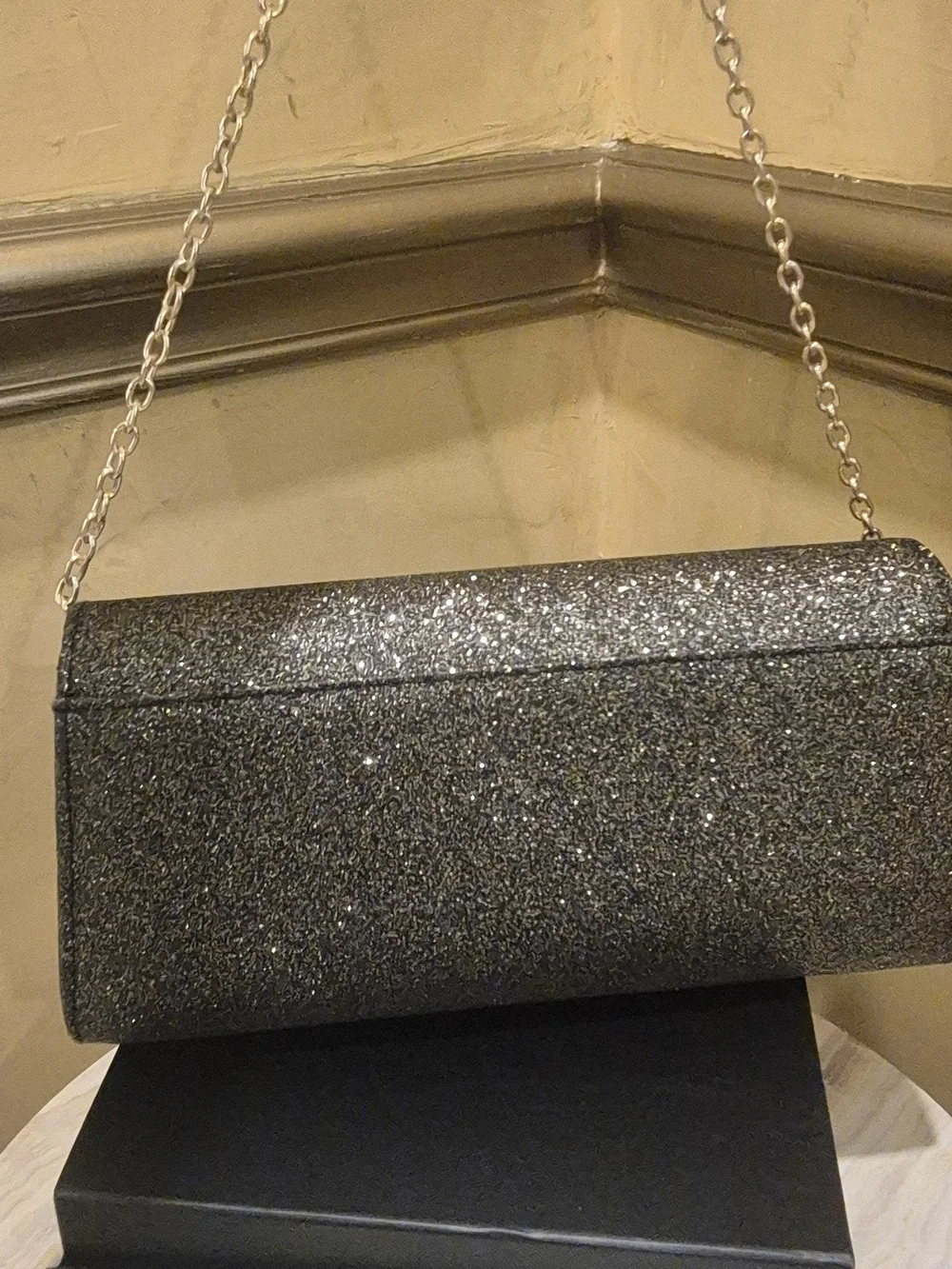 kate spade Black Glitter Envelope Clutch with Gold Chain